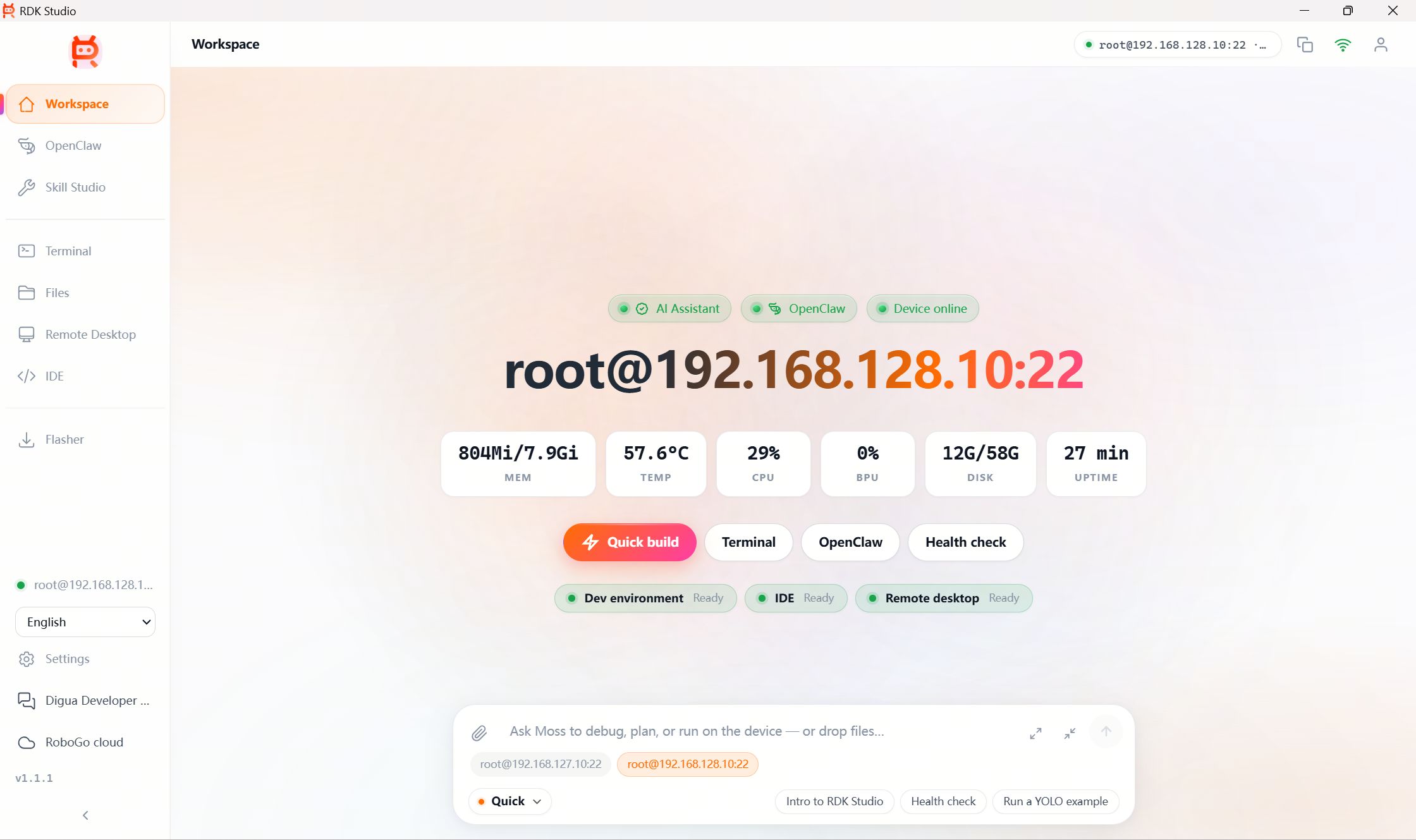 Desktop client main interface: IconRail on the left aggregates all feature tabs, the center displays the workspace of the currently active device, and the AI Dock is persistently docked at the bottom