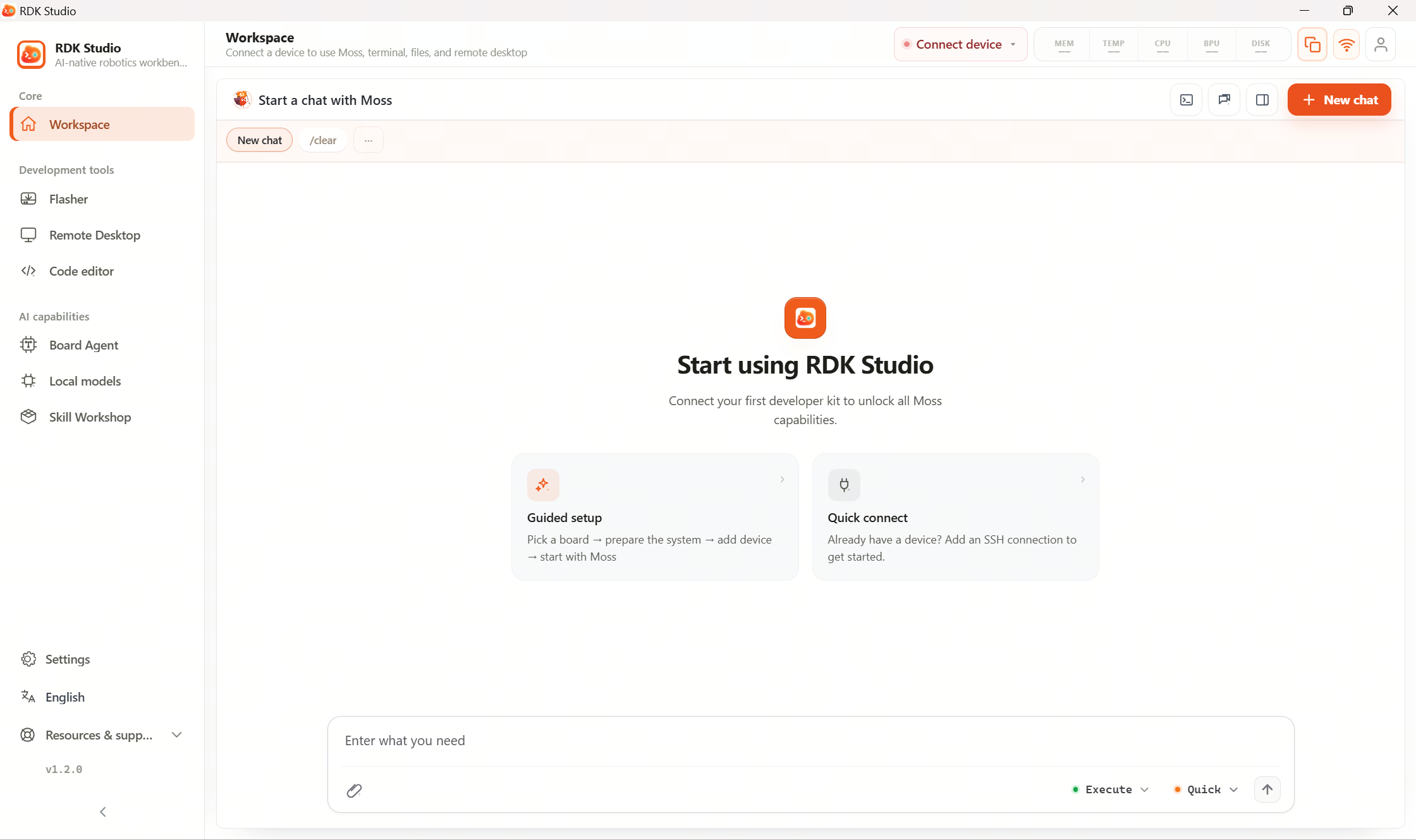 Terminal panel: prompts to add a device when disconnected; after connection you can create SSH or local serial sessions