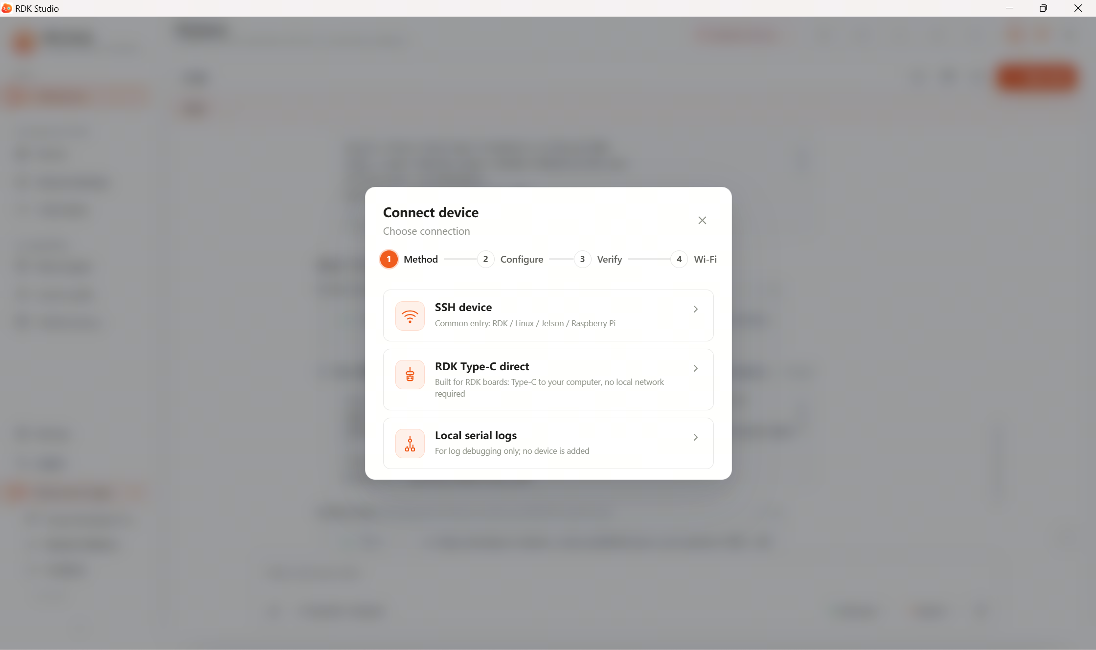 Add Device dialog: interface showing three connection options, with Type-C Flash Connect in the middle