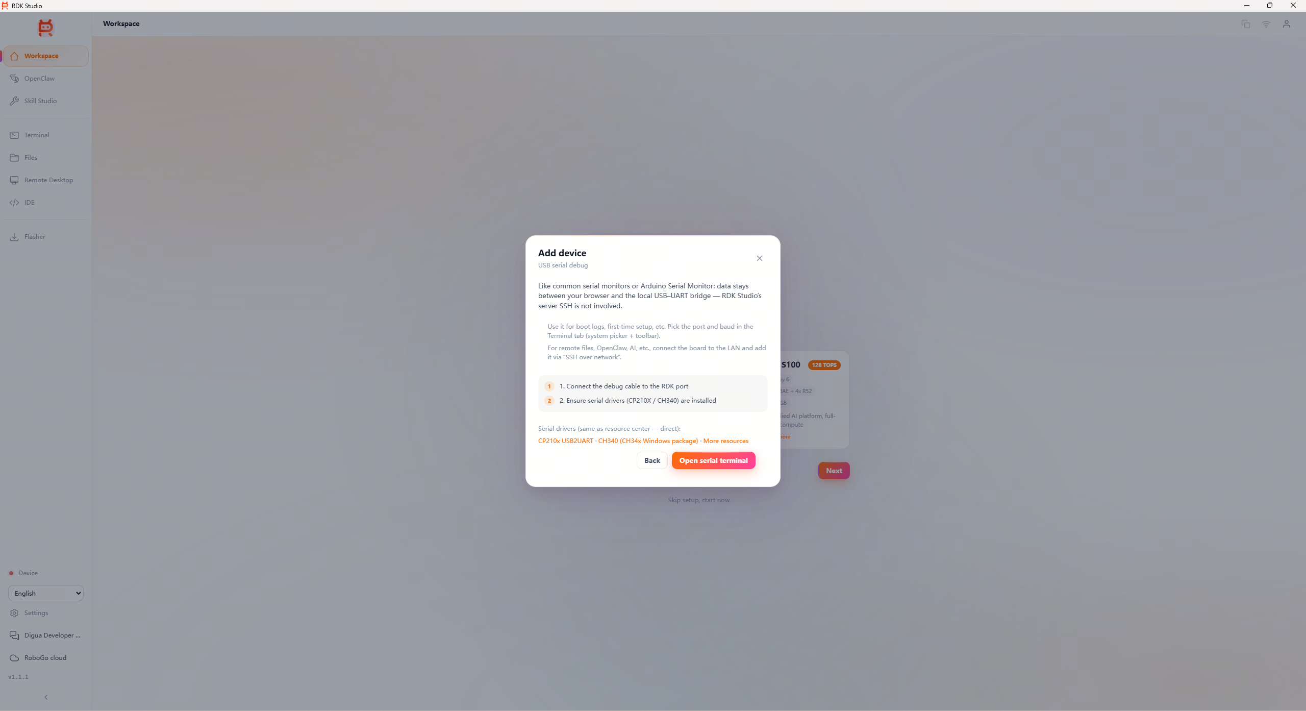 Add Device Dialog · USB Serial Debugging Instructions (Driver Download Link and Wiring Steps)