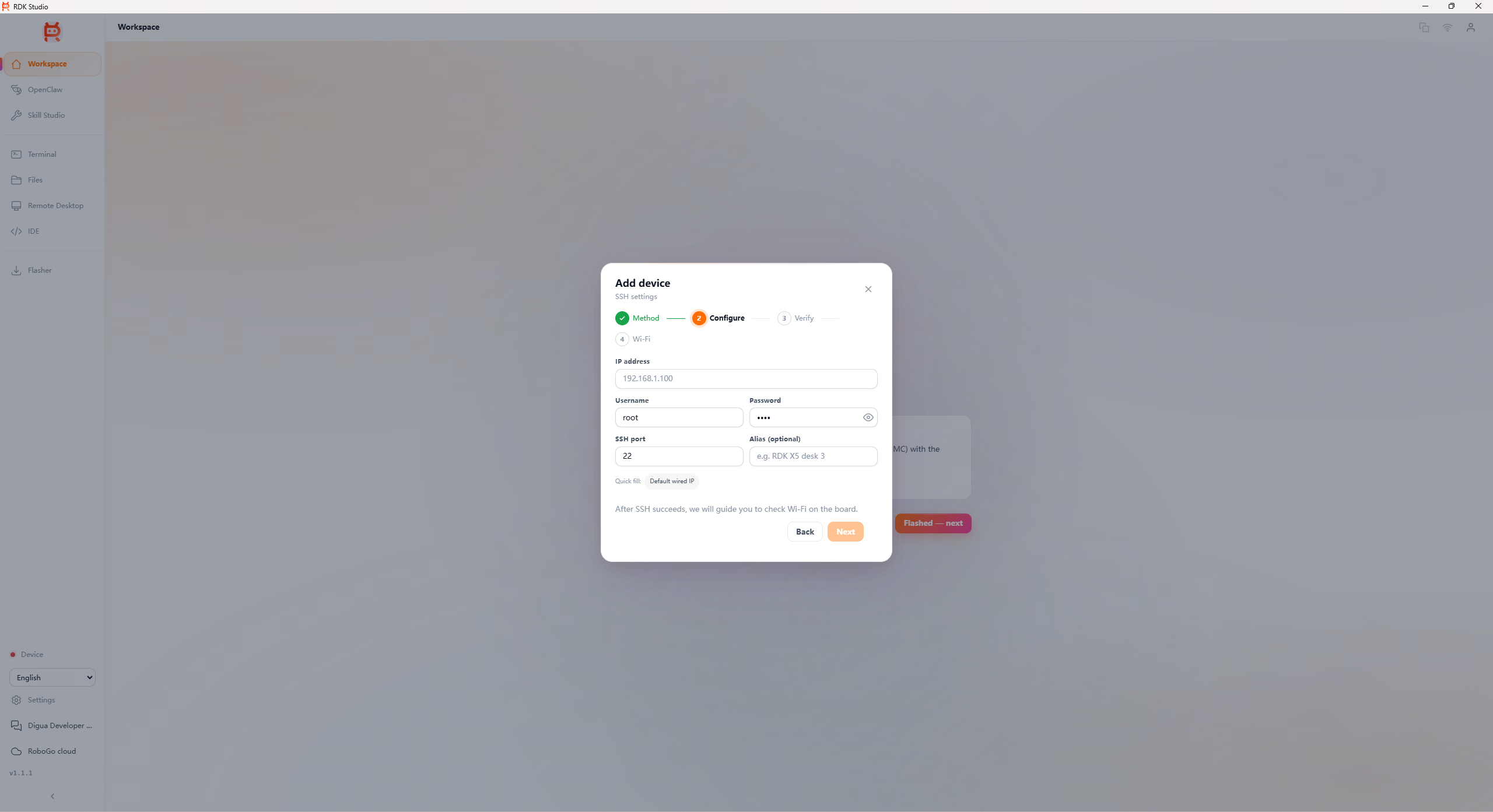 Add Device Dialog · SSH Configuration Form (IP, User, Password, Port, Device Alias)