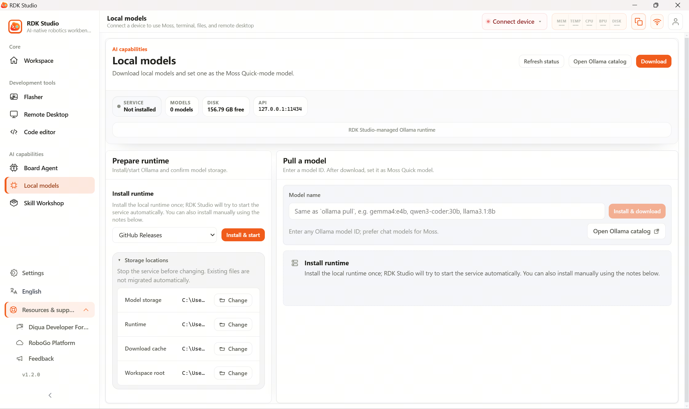 Local LLMs: manage the Ollama runtime, download models, run smoke tests, and wire fast mode