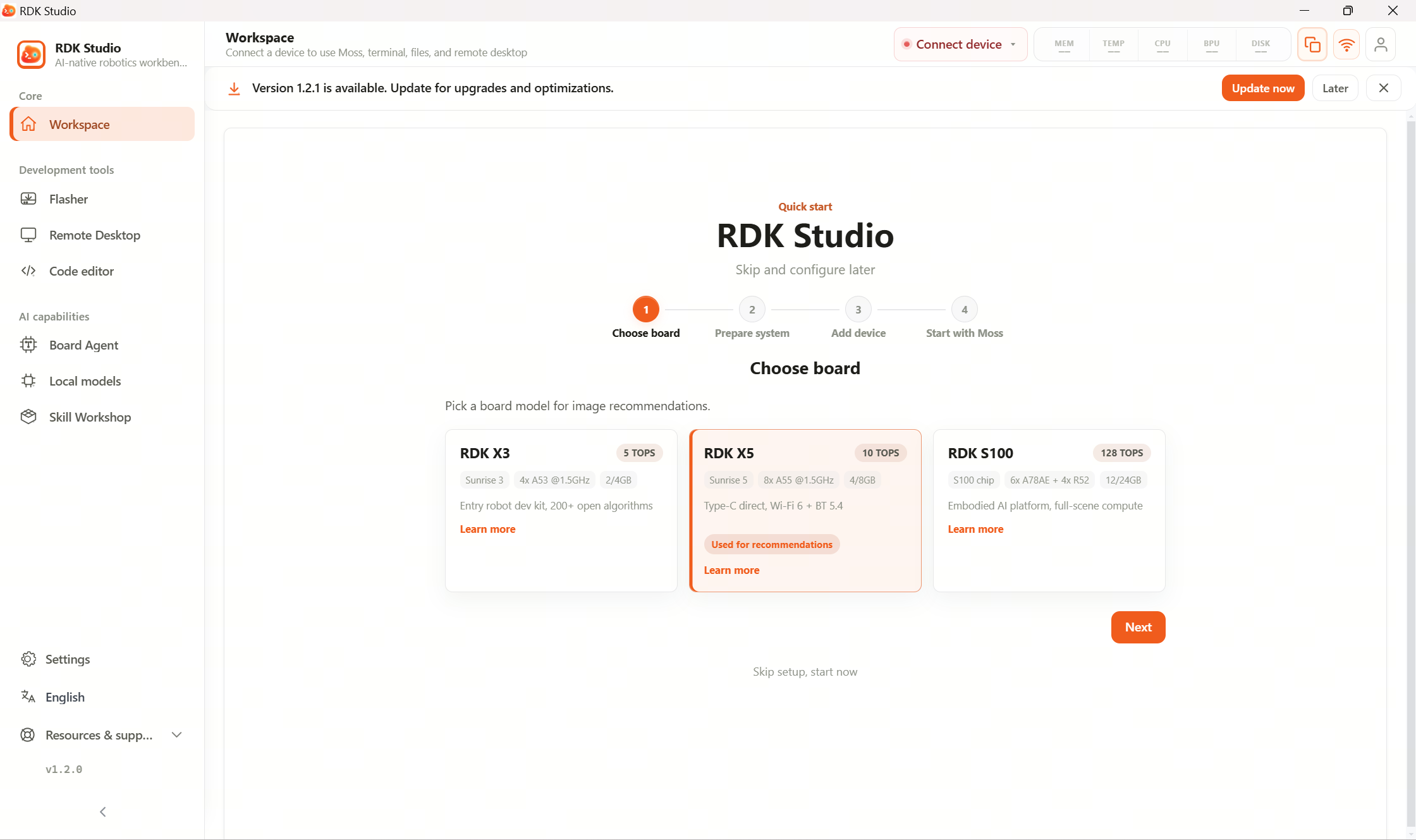 Onboarding Guide after first login – Step 1: Select Hardware. Three cards displayed side-by-side show RDK X3 / X5 / S100 with their TOPS, CPU, memory, and positioning descriptions.