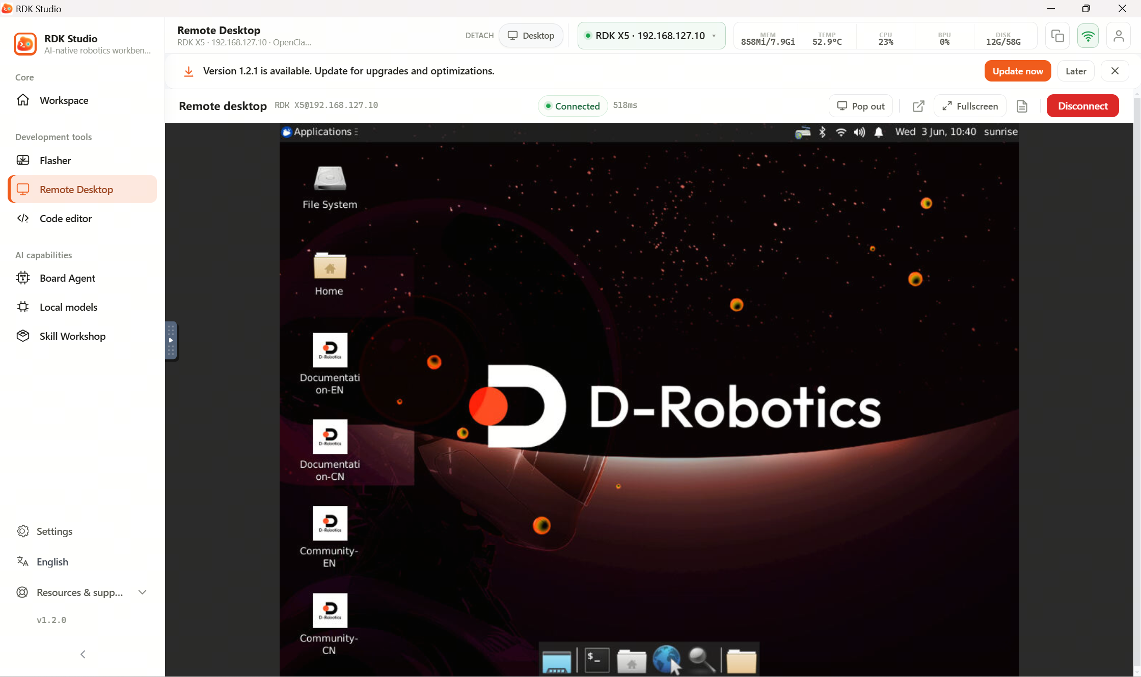 Remote desktop after connecting to RDK X5: operate the device GUI inside Studio