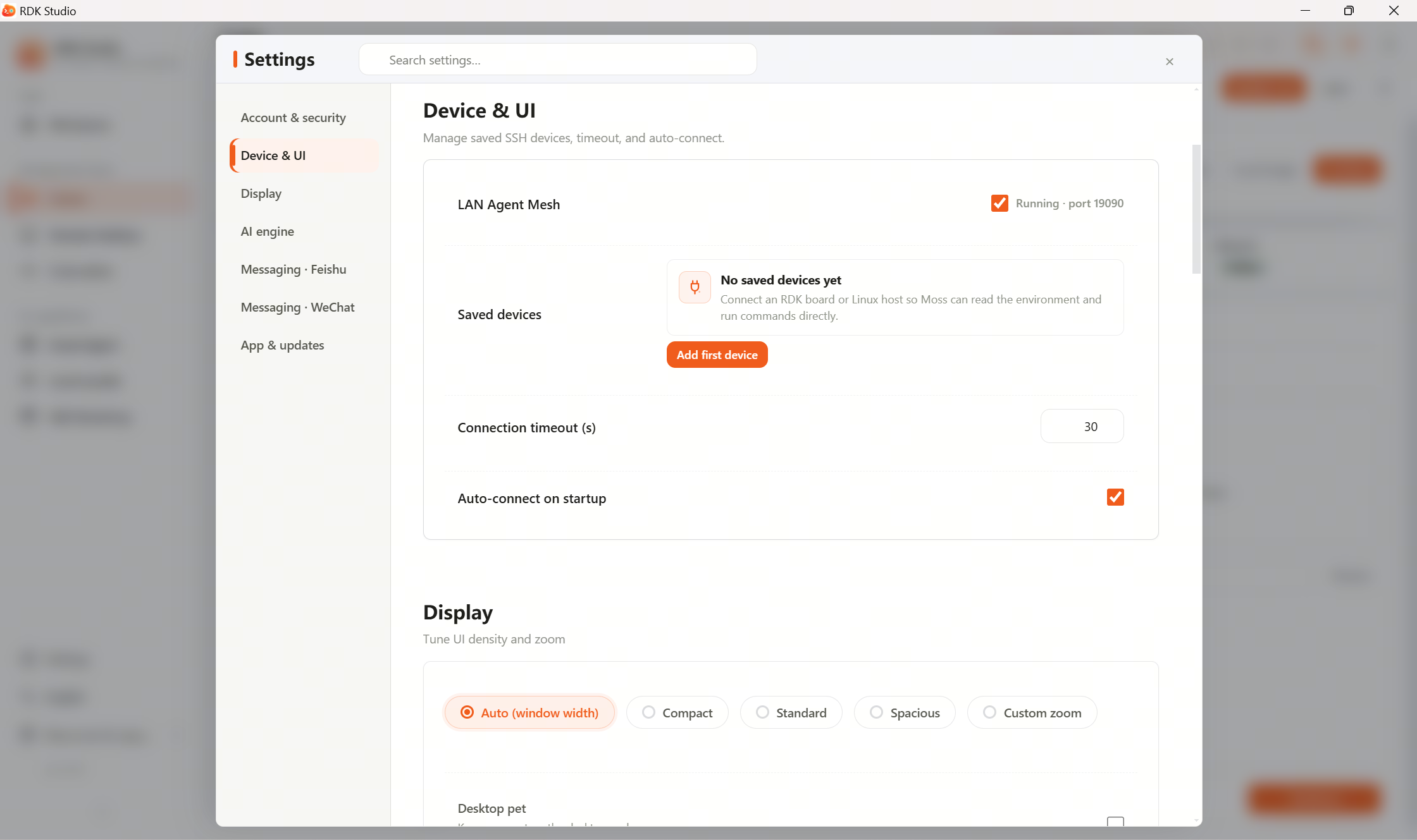 Device connection settings: connection settings, saved devices, and add-device entry