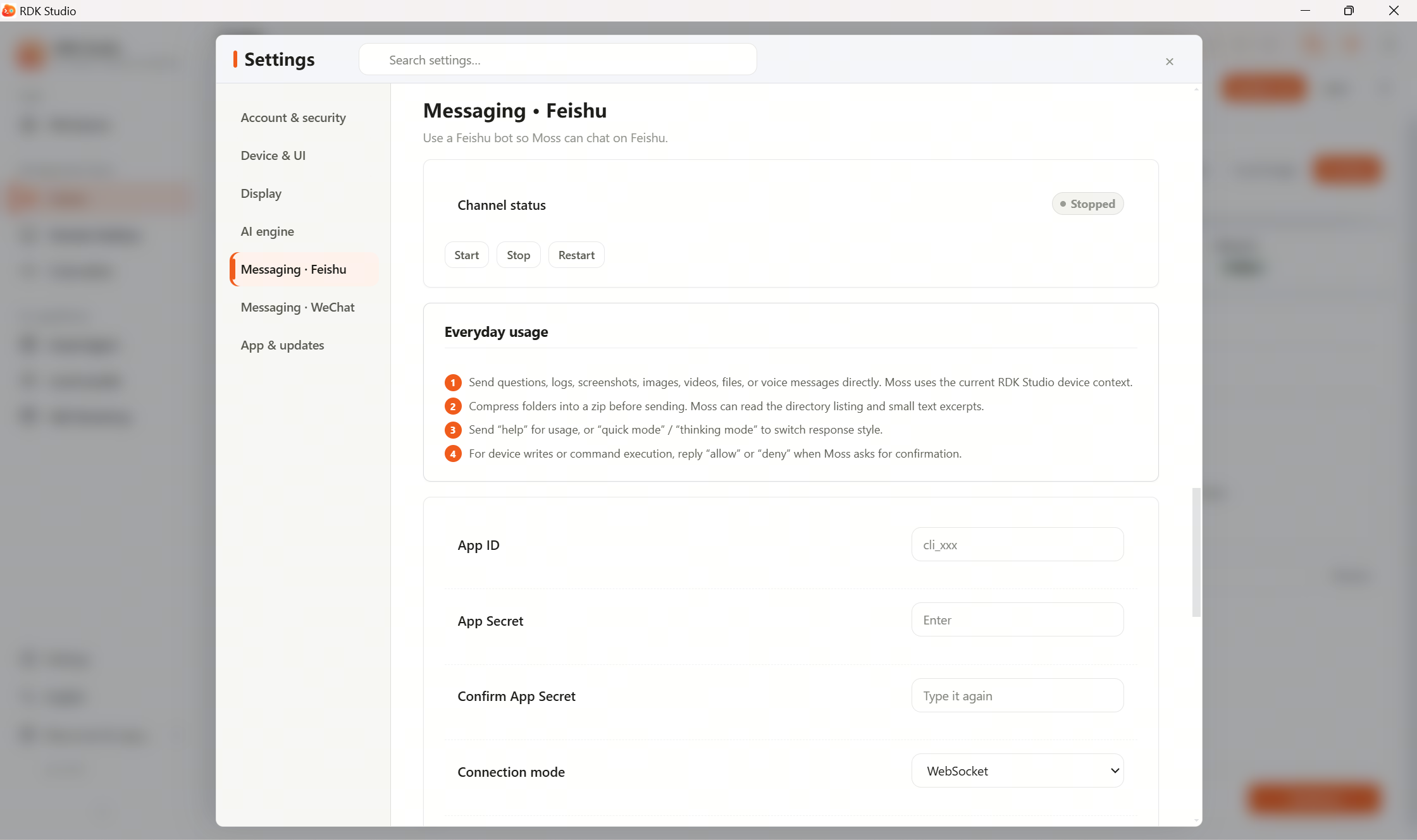 Settings center · Message channels · Feishu: channel status, everyday usage, app credentials, and connection mode