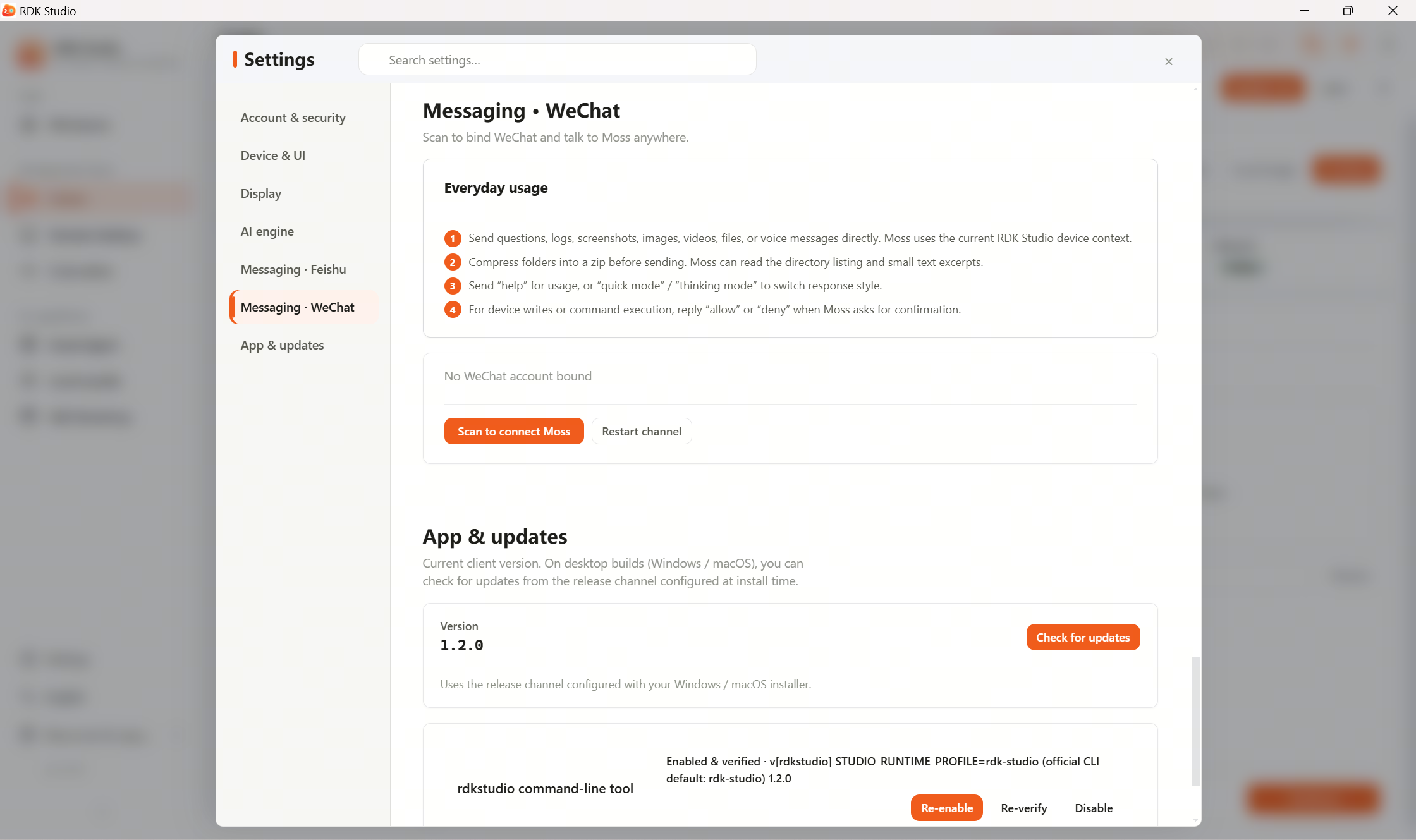 Settings center · WeChat: scan to bind a personal WeChat account and manage channel status
