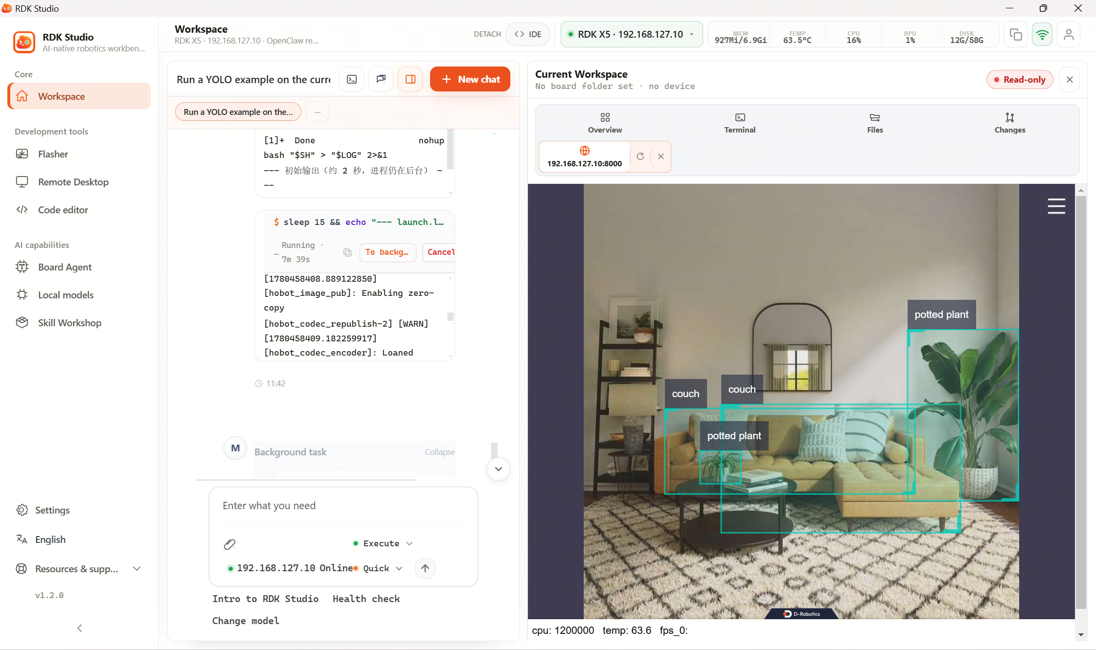AI Dock restarting YOLO and displaying the web view: The agent first uses device_exec to kill the old process (kill -9 67335 2>/dev/null || true), then relaunches YOLOv8n. The panel shows: "YOLOv8n object detection example restarted / New PID: 83250 / Log path: /tmp/rdkstudio-bg-82831.log / Status: USB camera, encoding, DNN inference, and web service all started successfully / Preview page opened: http://192.168.127.10:8000." A floating TogetheROS Web Display window on the right shows real-time camera feed with detected objects labeled as "keyboard" and "bed" in blue bounding boxes. Bottom metrics display cpu 1500000, temp 84.4, fps 0. Total time: 57 seconds.
