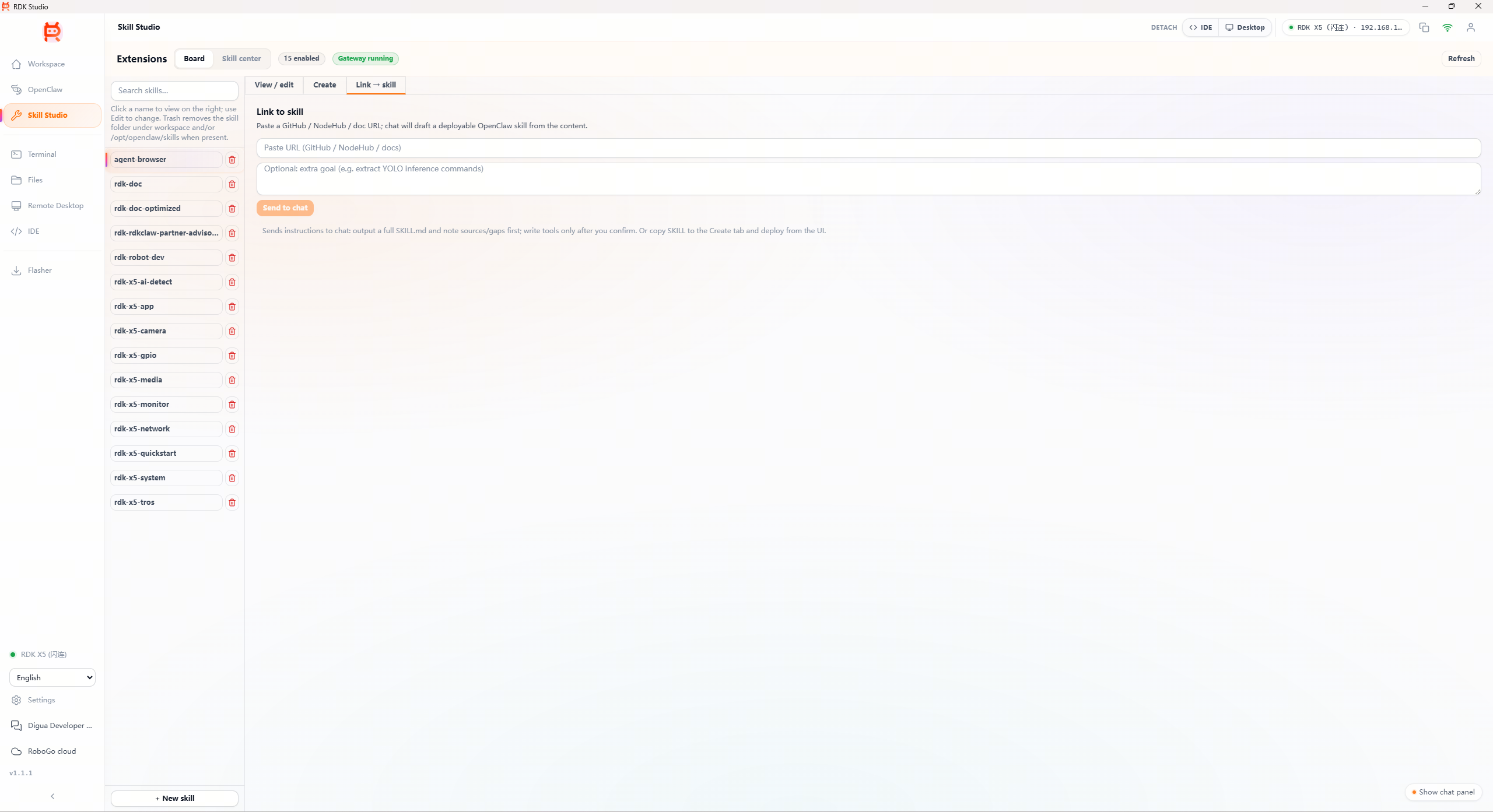 URL-to-skill form: paste GitHub / NodeHub / documentation URL, add target description, and use two-stage AI assistance to convert into SKILL.md