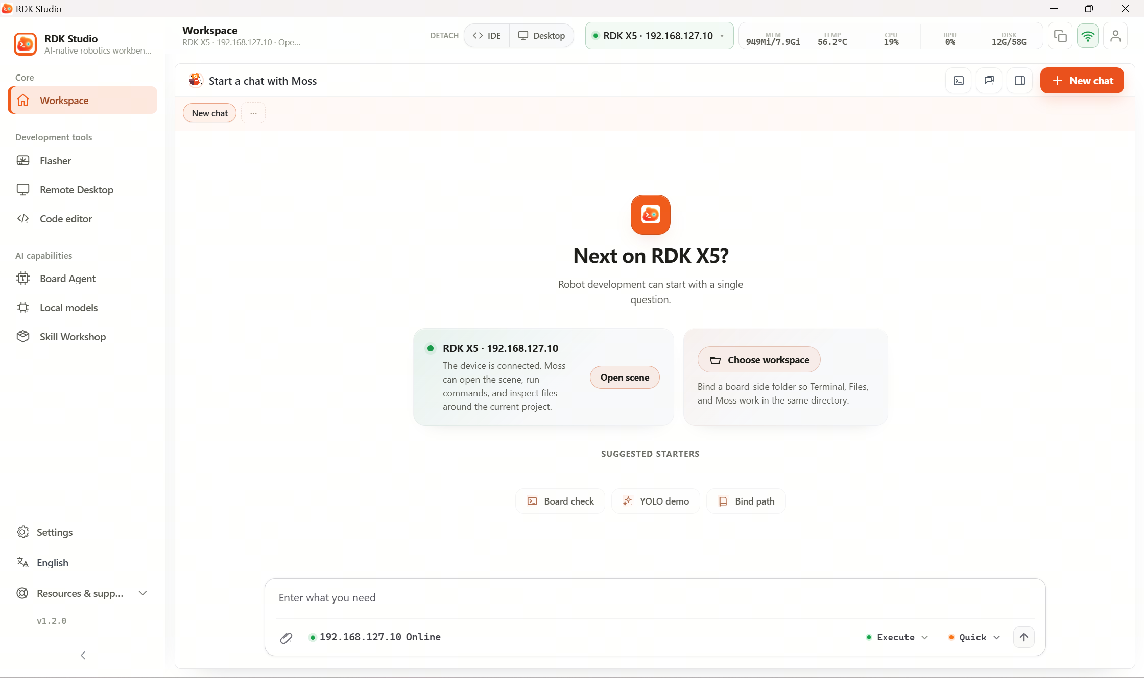 Workbench: after connecting to RDK X5, view device status and choose a workspace or start a conversation