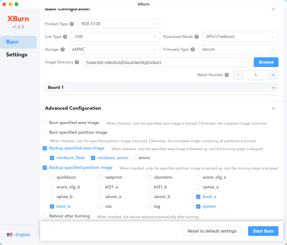 XBurn backup image configuration