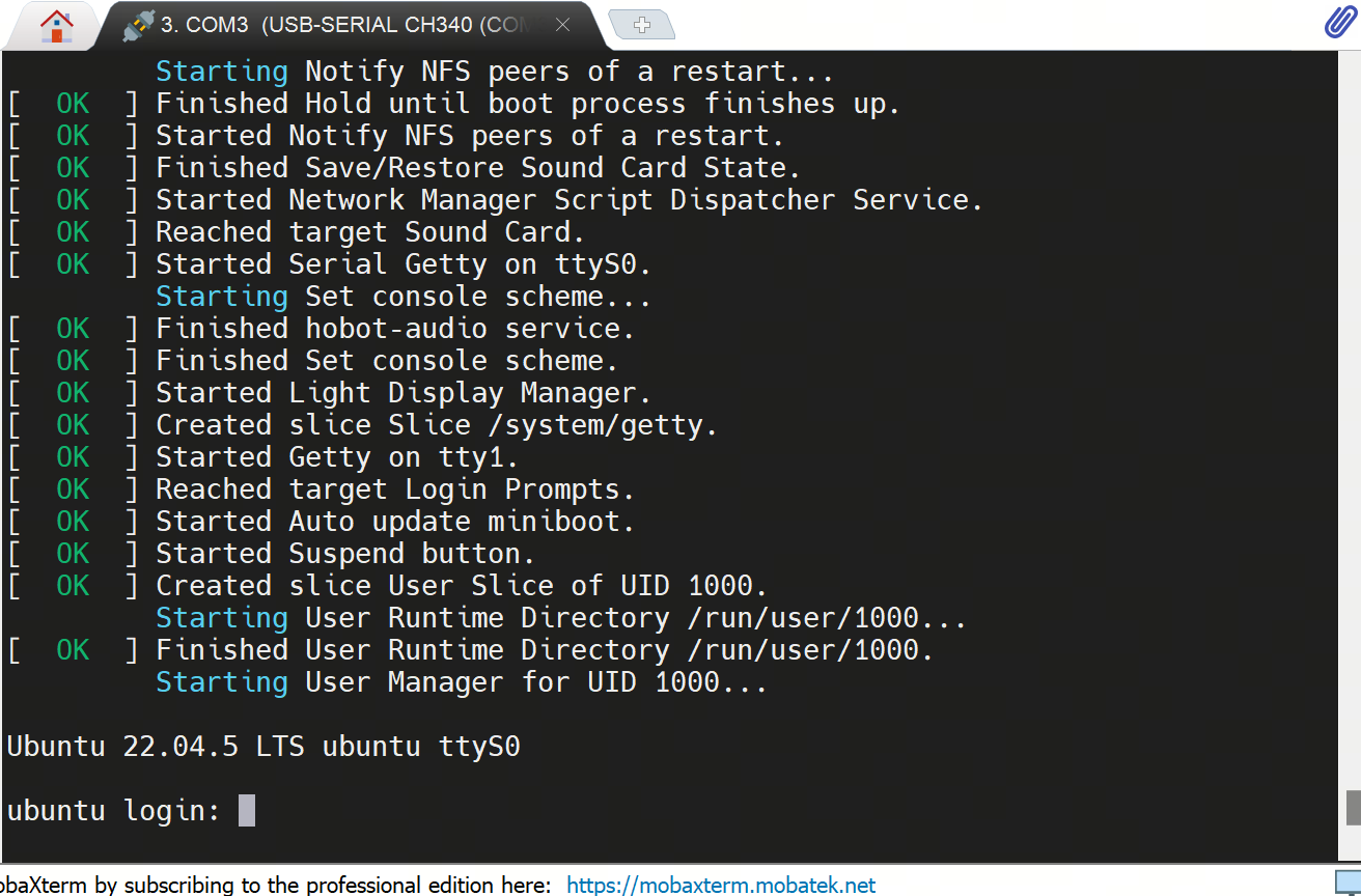 RDK X5 serial boot log shows the login prompt
